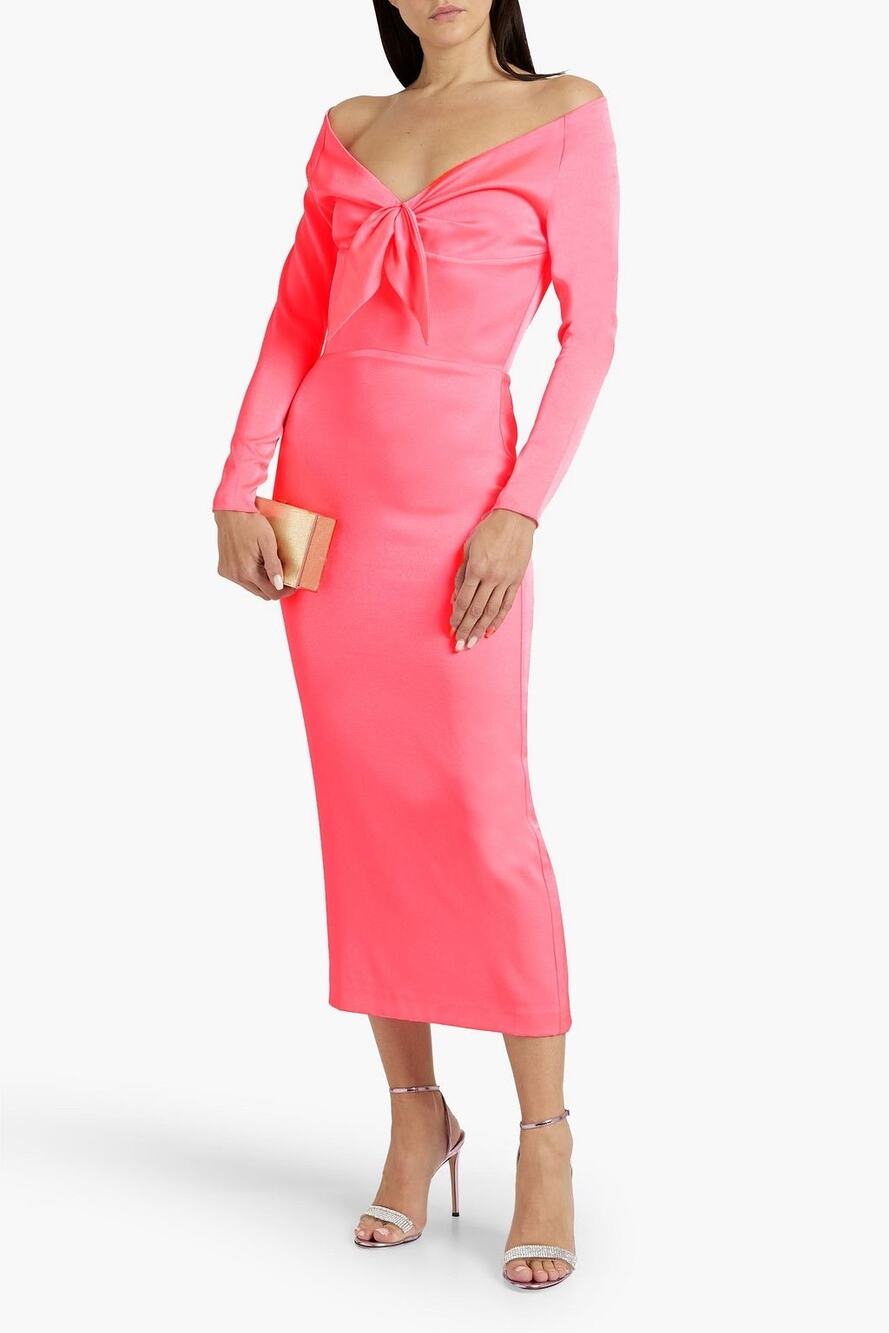 Alex Perry Peyton Pink Off Shoulder Satin Crepe Midi Dress 10
